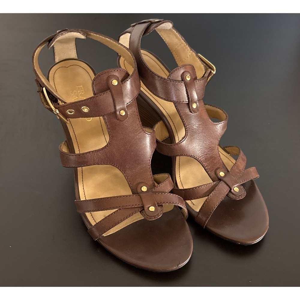 Franco Sarto Ibiza Leather Sandal Womens 7.5 Brown Brass Buckle Wedge